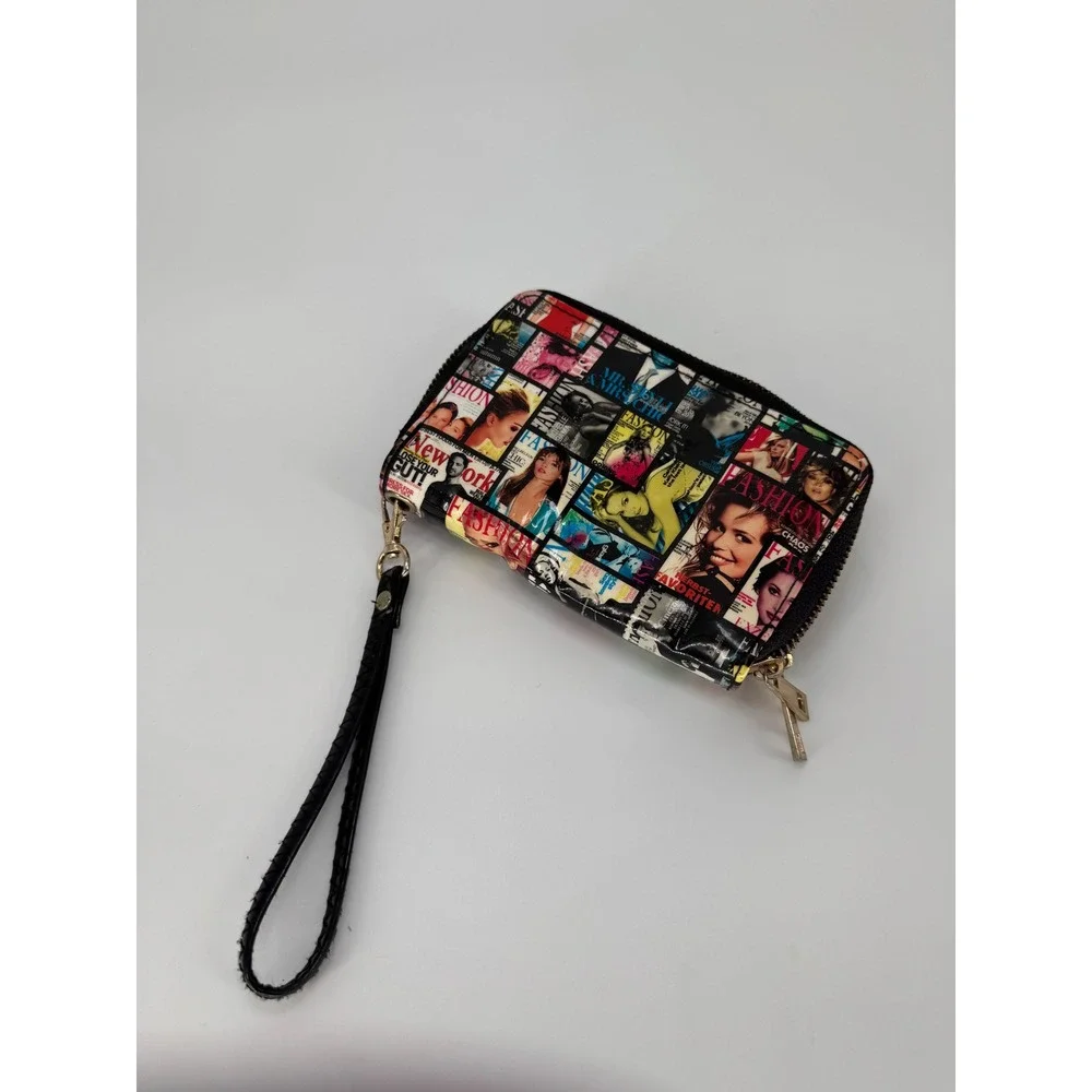 Magazine Cover Collage Double Zip Around‎ Wristlet Wallet Multicolor Glossy